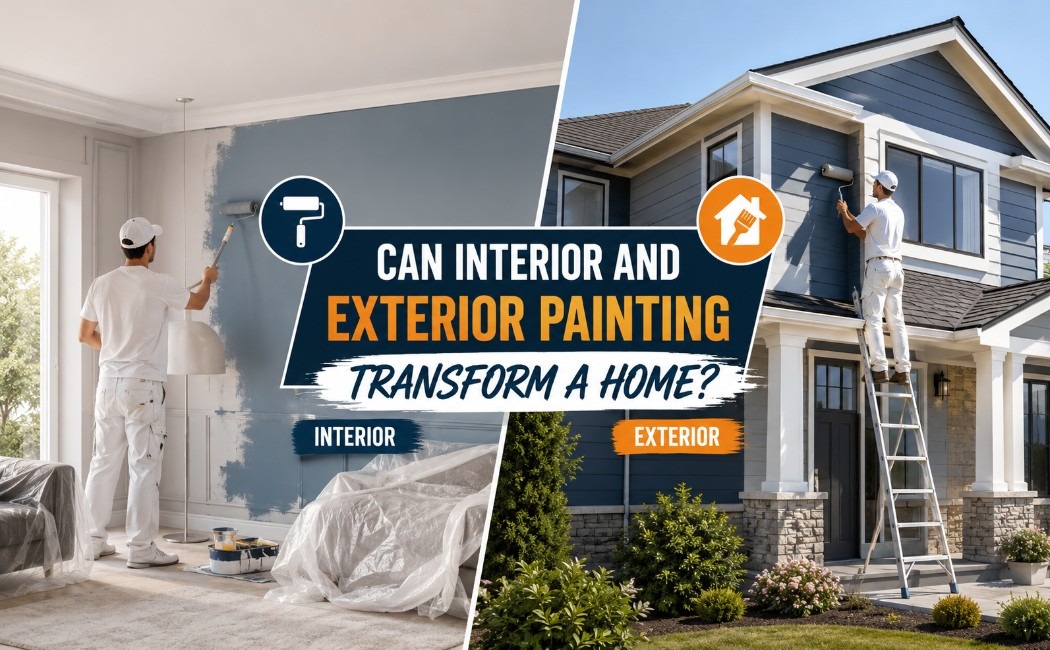 Interior and exterior home painting services showing professional painters transforming a residential property