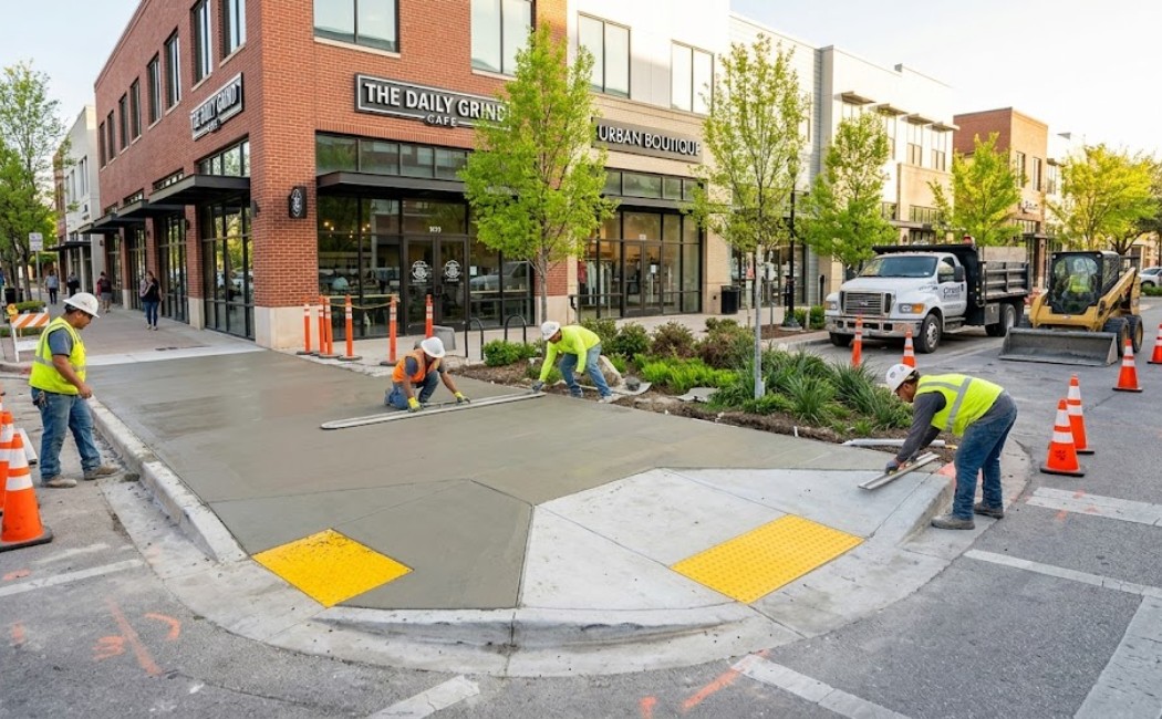 ADA-compliant concrete sidewalk installation with curb ramp and smooth accessible walkway during spring construction project