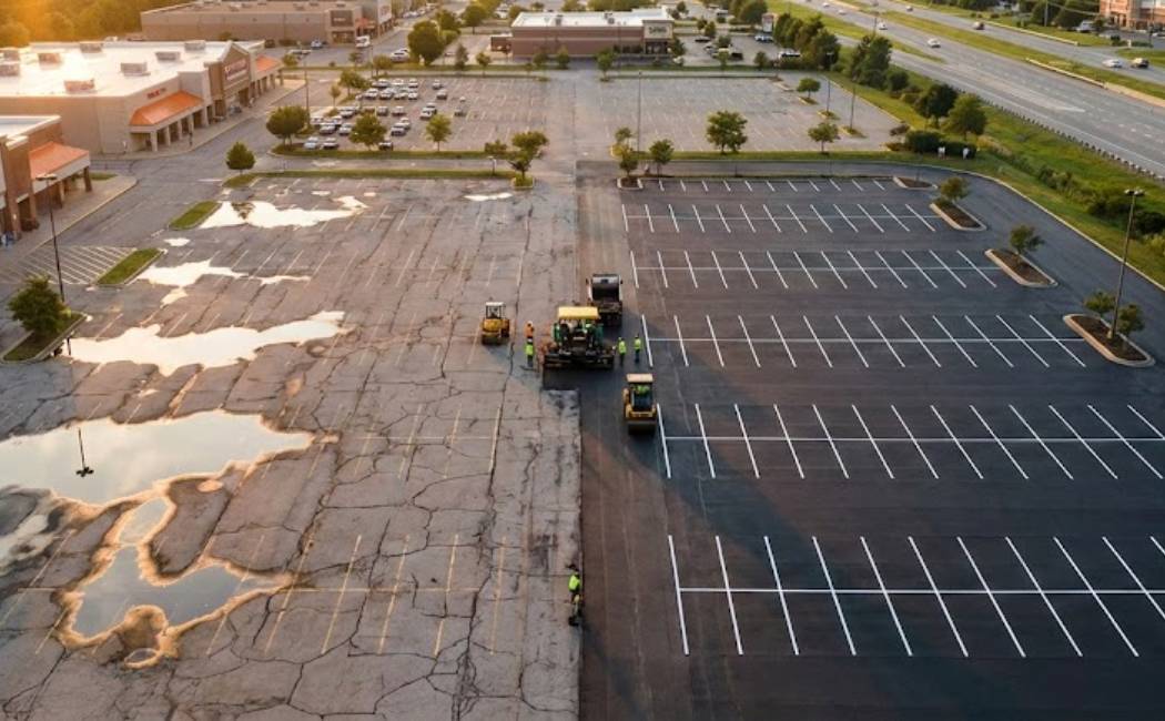Aerial view showing cracked, water-pooled parking lot beside repaired and sealed pavement