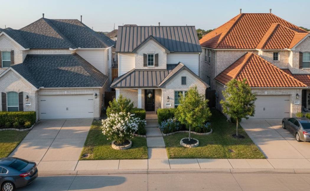 Comparative view of asphalt, metal, and tile roofs on Dallas homes.