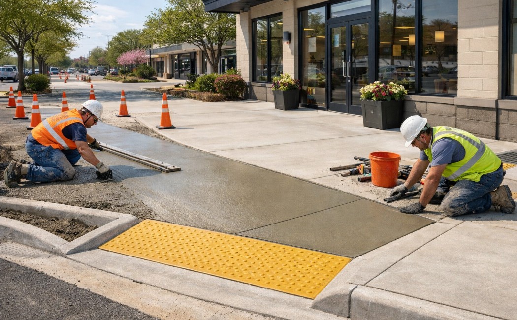 Close-up of ADA curb ramp with tactile paving and non-slip accessible sidewalk surface