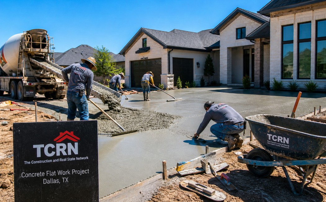 Concrete flat work installation in Dallas showing driveway and patio construction during summer 2026 