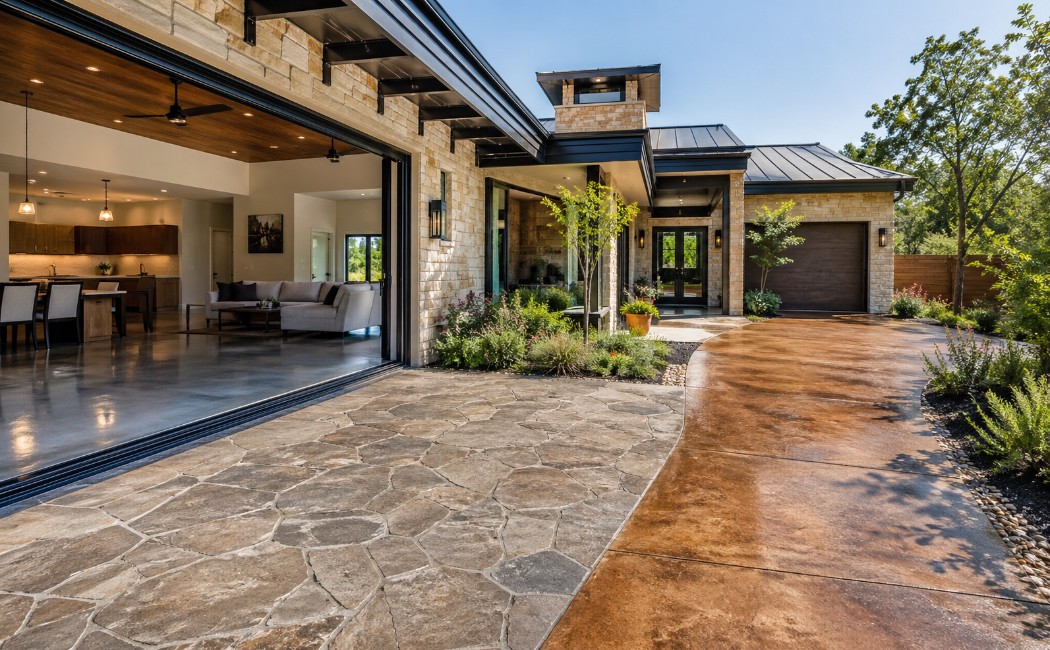 Decorative concrete patio and driveway in Dallas home featuring stamped stone design and stained finishes for spring 2026 