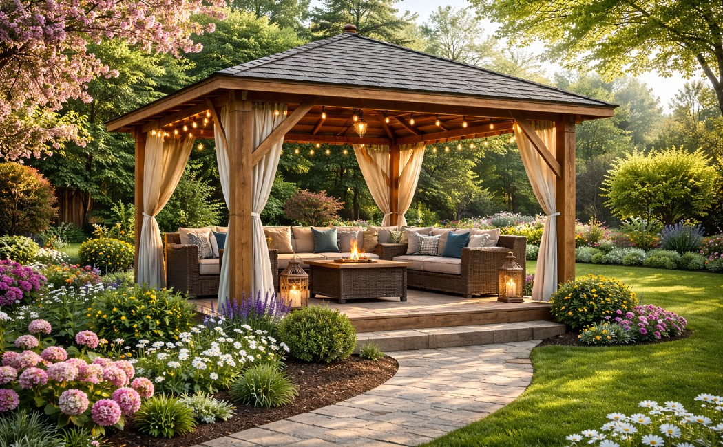 Modern gazebo installation in a landscaped spring backyard with flowers, seating, and outdoor design setup