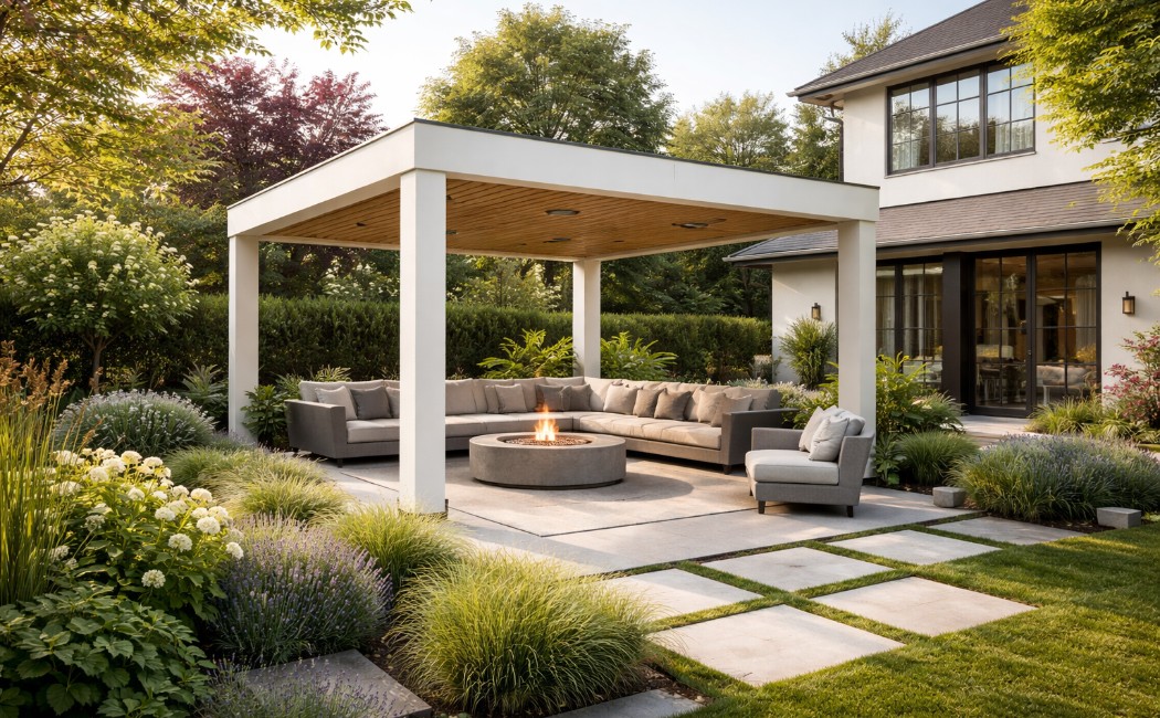 Modern spring 2026 backyard with minimalist gazebo design, outdoor seating, fire pit, and landscaped garden