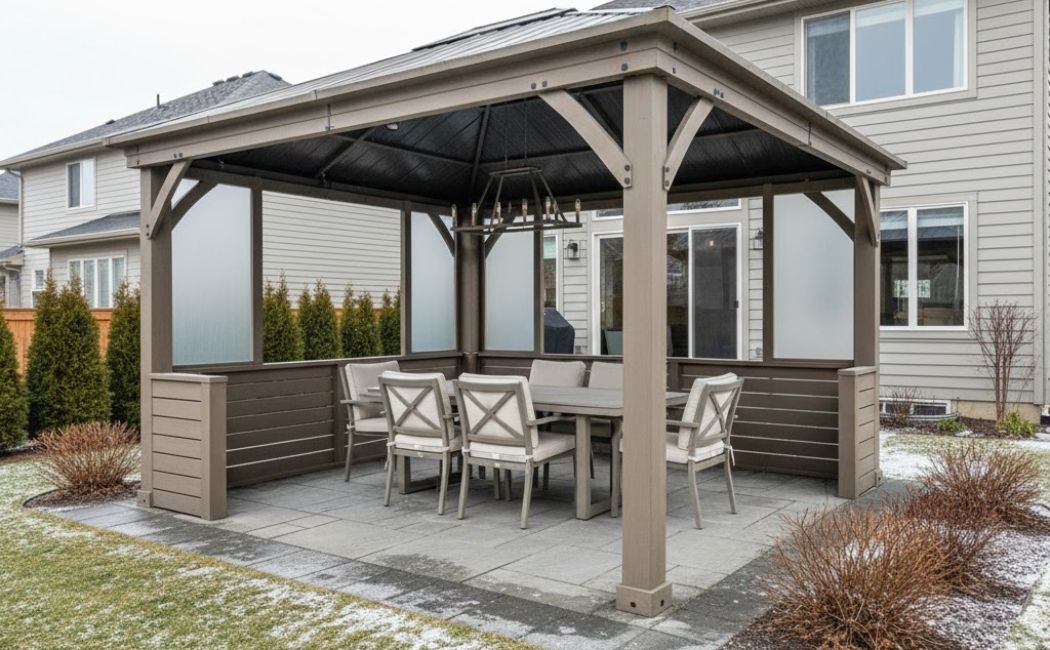 Roofed gazebo design for year-round backyard use