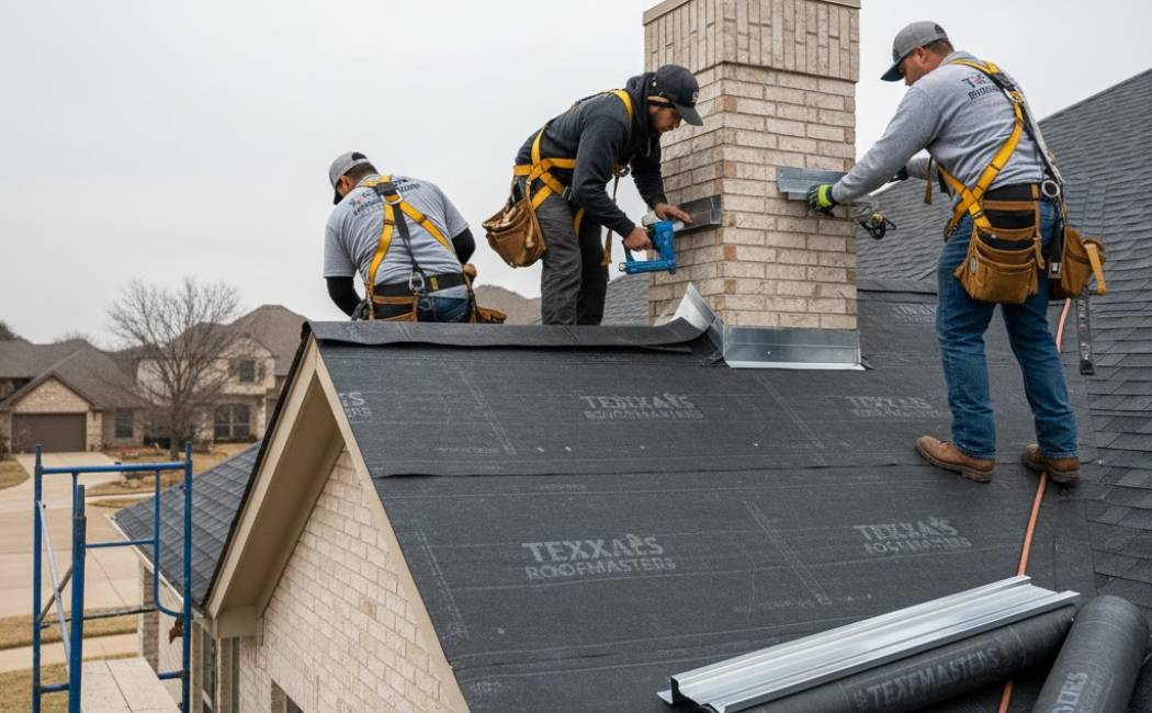 Roofers installing underlayment and flashing on a Dallas home.