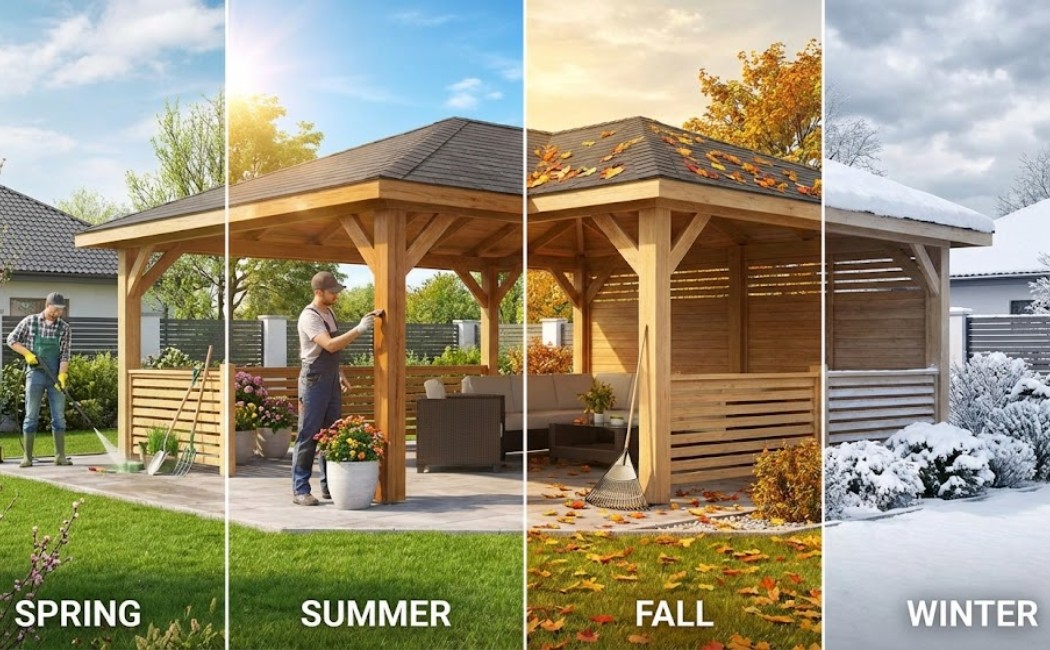 Seasonal gazebo maintenance showing spring cleaning, summer protection, fall preparation, and winter snow care