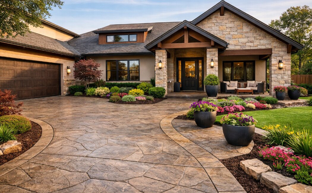Spring 2026 stamped concrete driveway and walkway at a Dallas home with landscaped garden