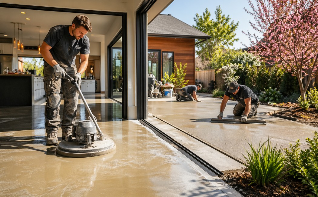 Spring concrete resurfacing for indoor and outdoor floors with polished finish and patio upgrade