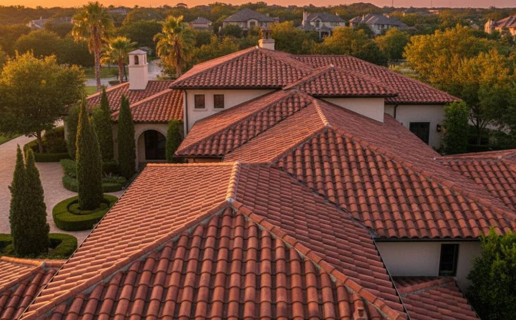 Terracotta tile roof on a Mediterranean-style North Texas home.
