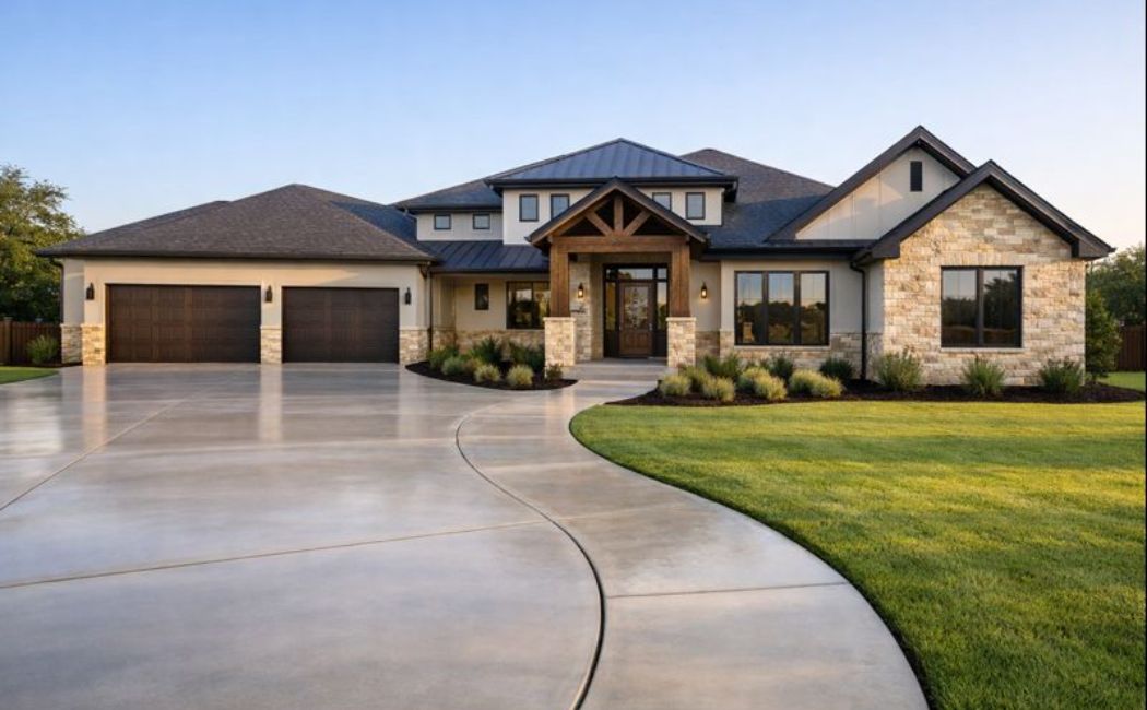 Well-maintained concrete driveway and walkway at a Texas home