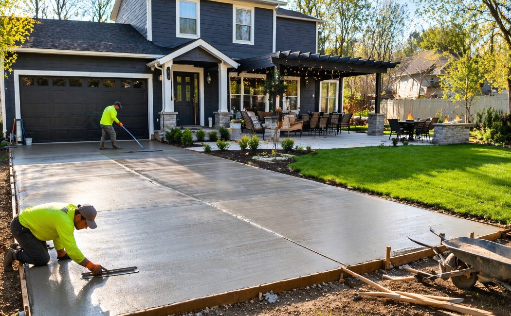 Best time to install driveway and patio in April with fresh concrete and professional installation
