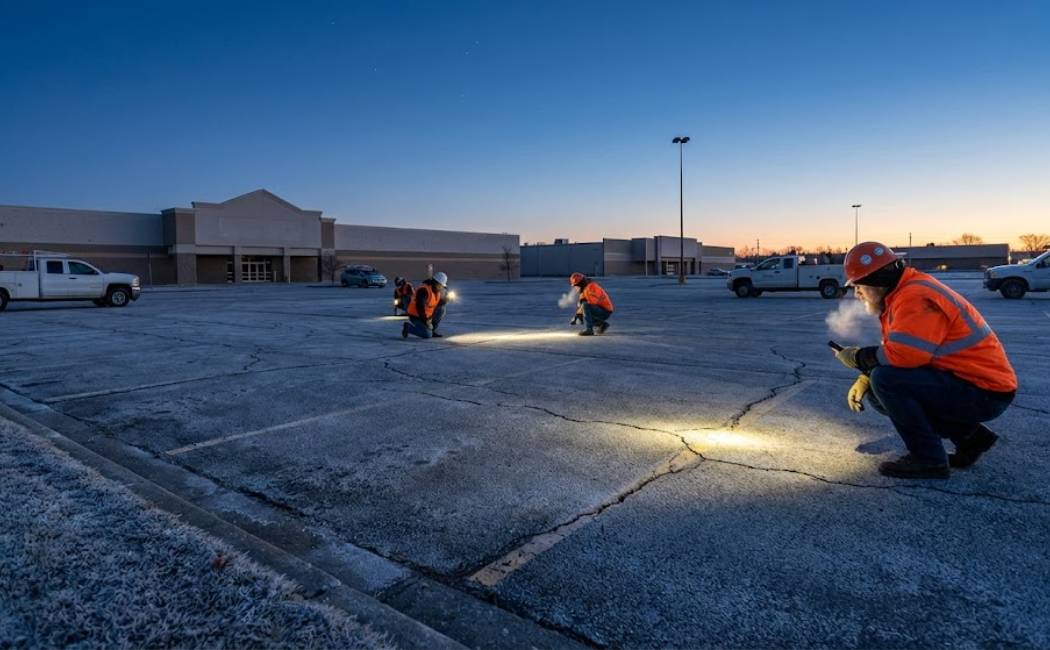 Technicians inspect hairline cracks in a frost-tipped parking lot, illustrating pre-winter inspection steps.