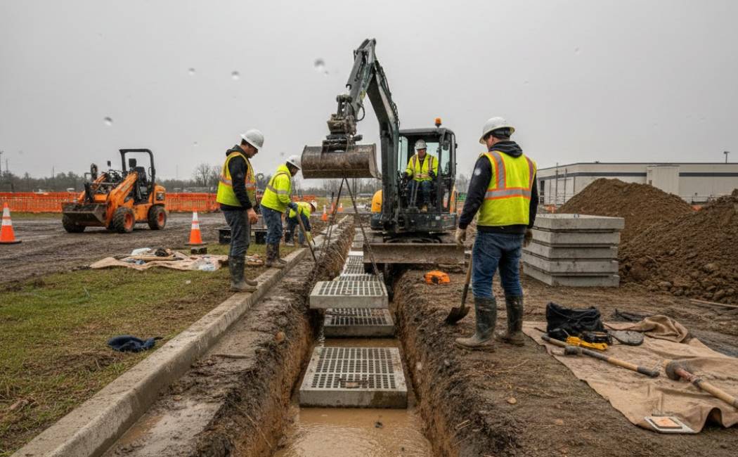 Workers install a trench drain along a curb to prevent standing water and reduce freeze damage.