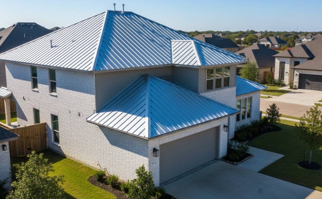 Standing-seam metal roof reflecting bright Texas sunlight.