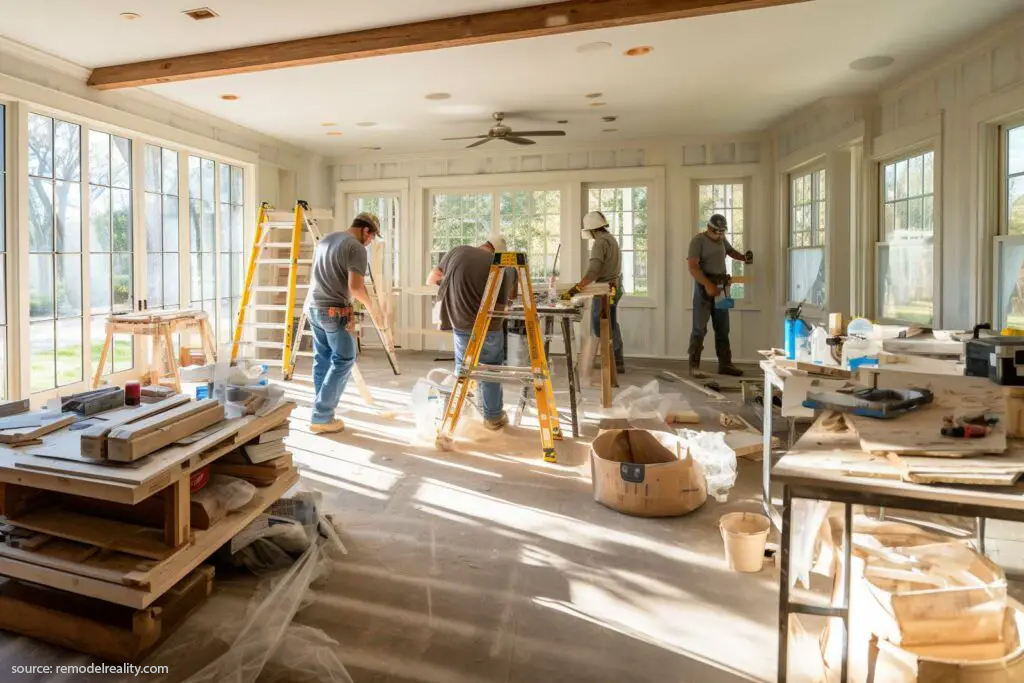 Workers renovating a bright, spacious home interior with ladders, tools, construction materials, and unfinished surfaces.