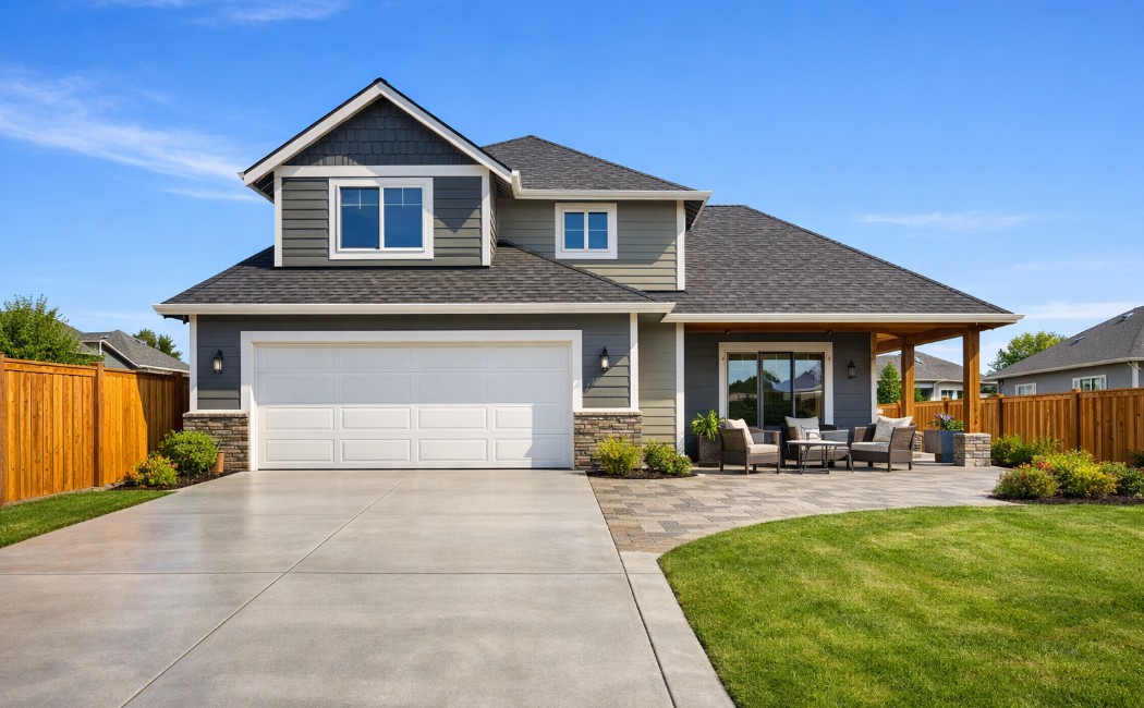  North Texas home exterior remodeling with a new roof, siding, concrete driveway, and privacy fence