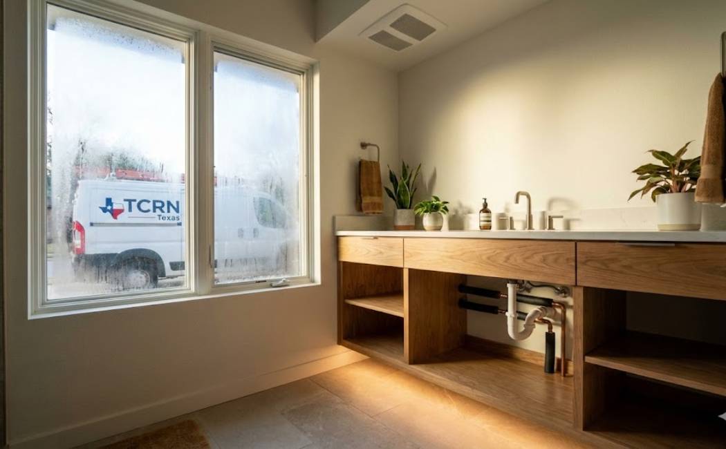  showing insulated pipes, humidity fan, heated floor panel, and TCRN Texas van outside.