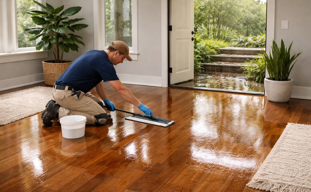 Freshly resurfaced hardwood floor being sealed in a modern Texas home during spring to protect against moisture and dirt.