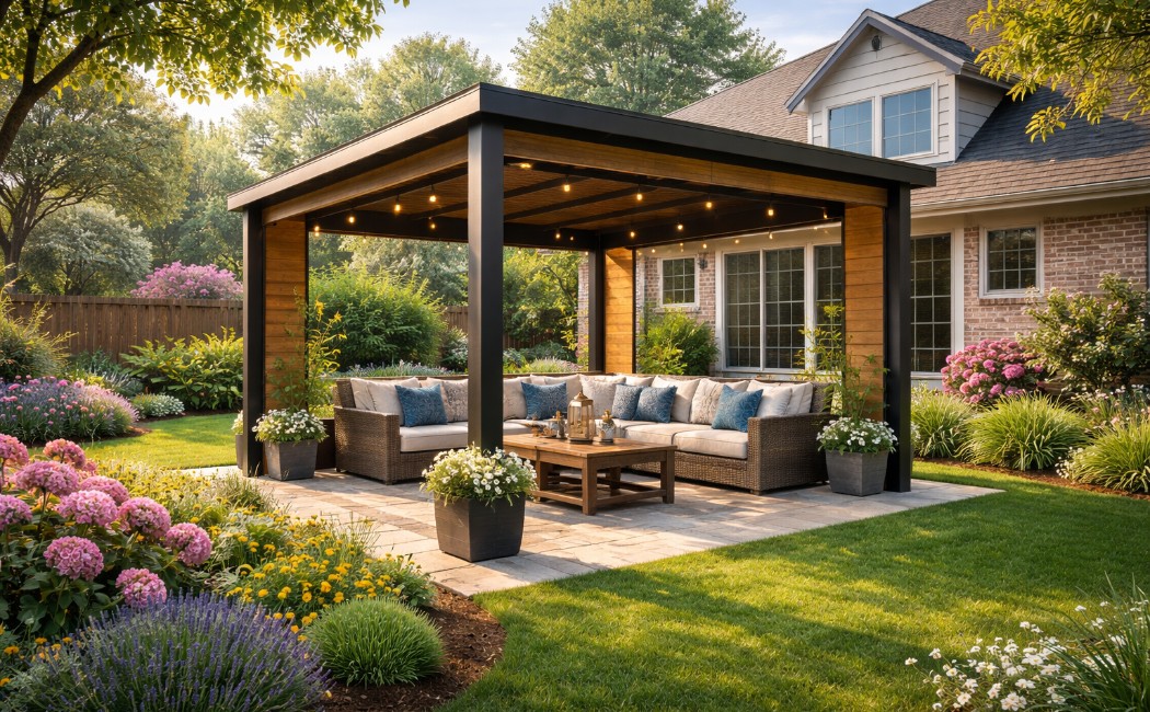  Modern spring gazebo design in a Texas backyard with outdoor seating and blooming garden