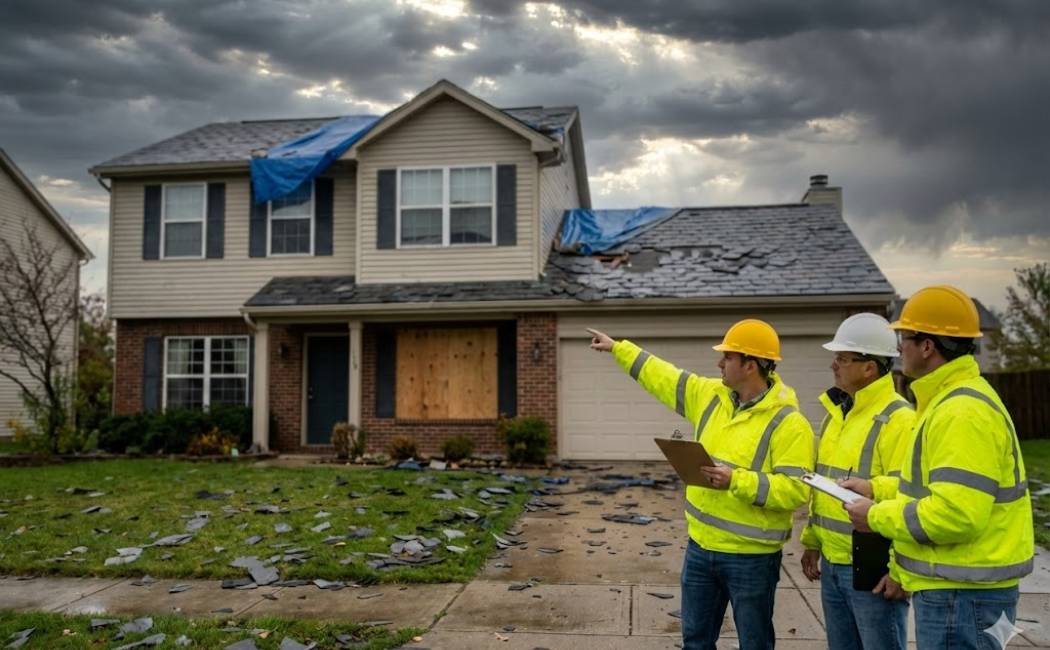 Home with hail and wind damage, roof tarp and restoration crew assessing damage