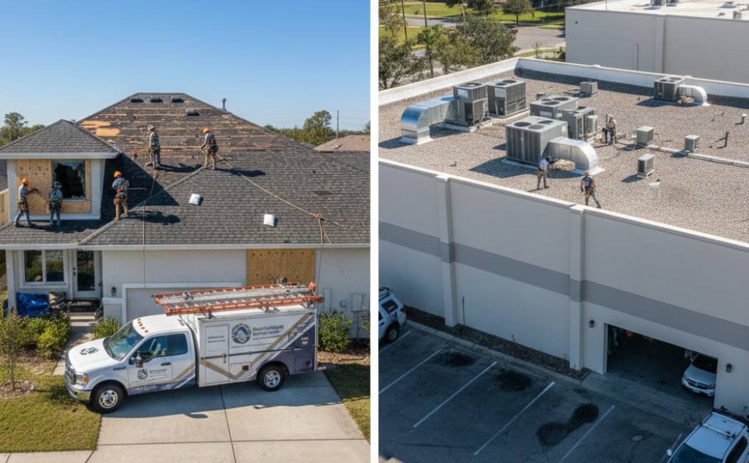 Licensed restoration professionals handle both residential and commercial storm recovery — from structural repairs to HVAC checks.