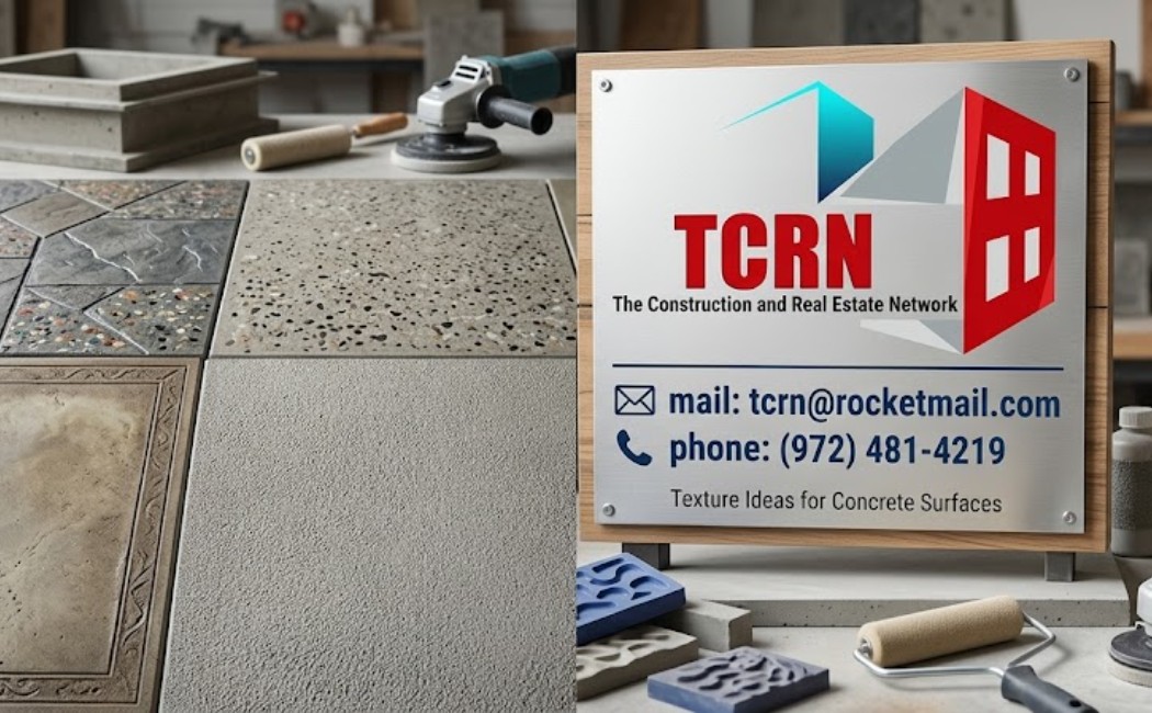 Different texture ideas for concrete surfaces, including stamped stone, aggregate finishes, and decorative borders.