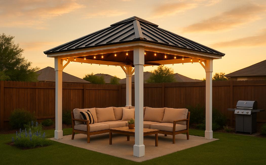 Photo of a modern vinyl hardtop gazebo with seating and string lights in a North Texas backyard at sunset.