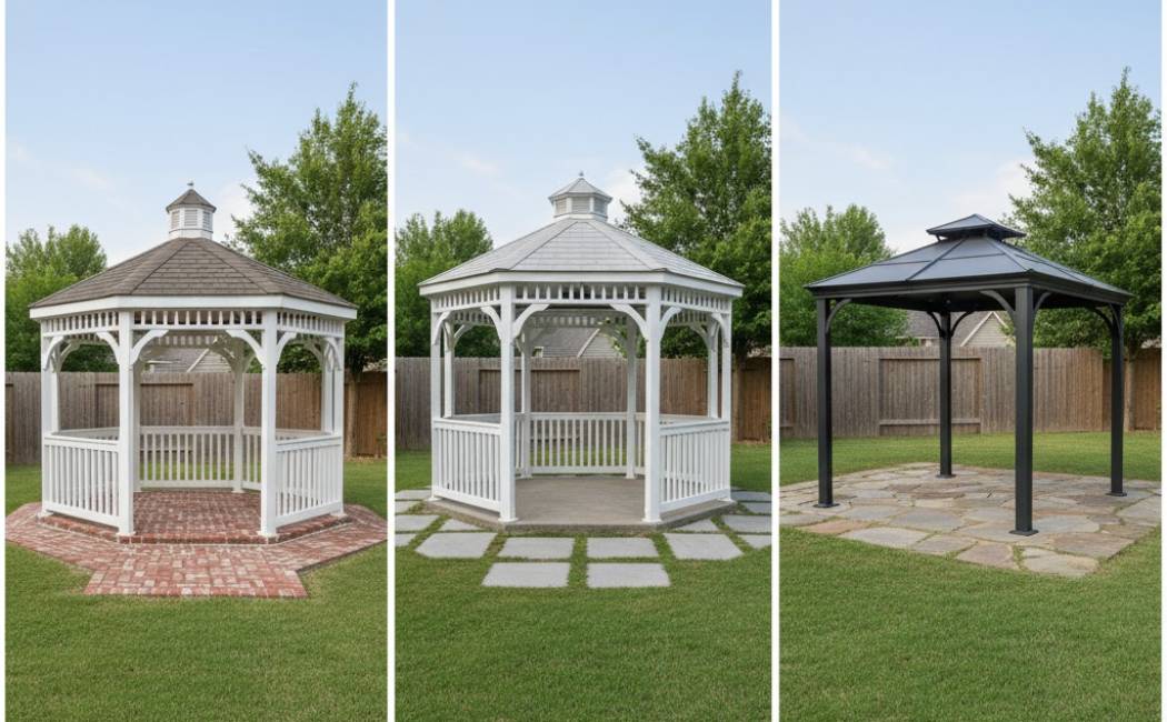 Comparison of wooden, vinyl, and metal gazebos side-by-side.
