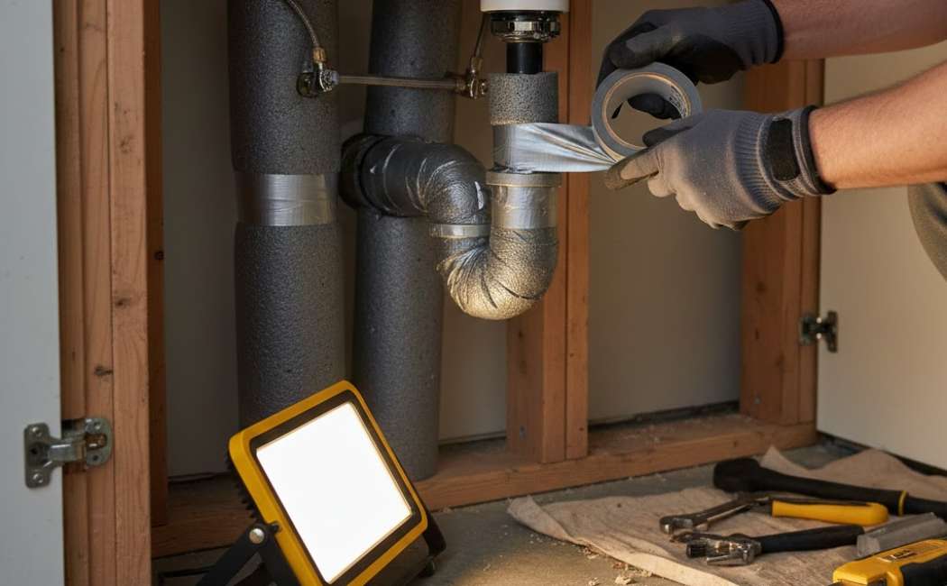 Contractor wrapping bathroom pipes with insulation under a vanity.